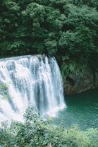 A lush green landscape surrounds a cascading waterfall, with water tumbling over rocks into a serene, turquoise pool. Tall trees and dense foliage create a natural canopy, contributing to the tranquility of the scene.