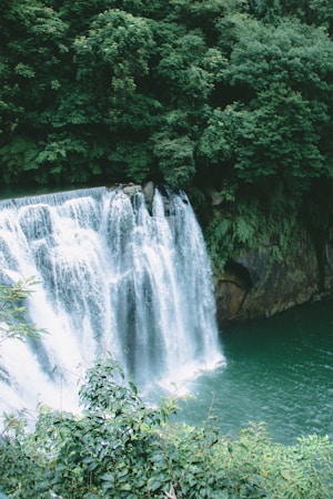 A lush green landscape surrounds a cascading waterfall, with water tumbling over rocks into a serene, turquoise pool. Tall trees and dense foliage create a natural canopy, contributing to the tranquility of the scene.