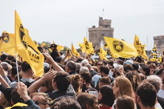 Yuvavibe supporters waving flags and cheering during a spirited rally in the town square.