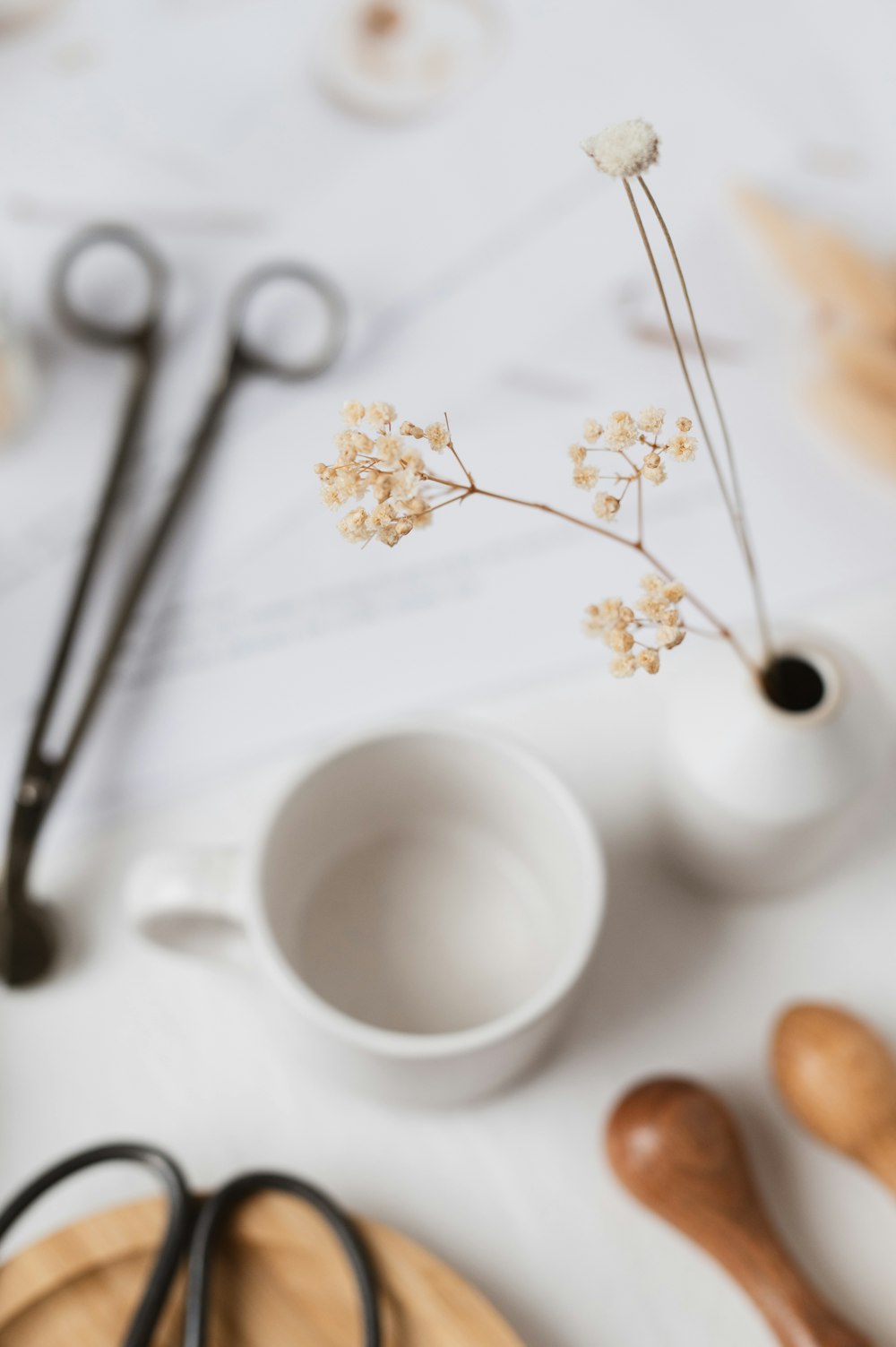 a close up of a table with scissors and a vase