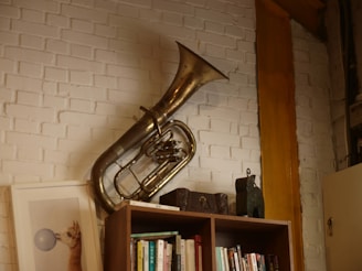 a bookshelf with a brass trumpet on top of it