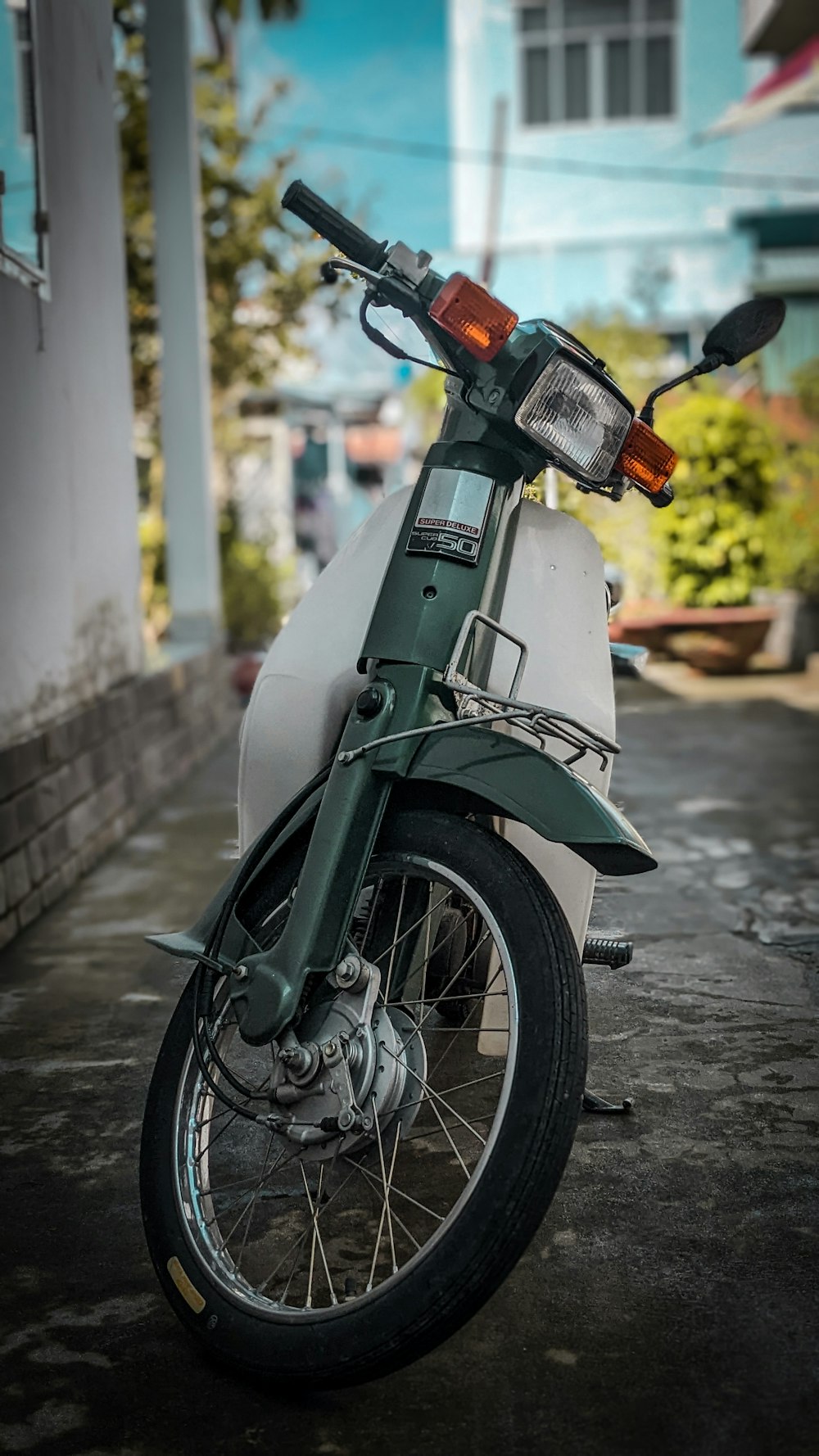 a motorcycle parked on the side of the road