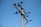 A tall concrete utility pole is equipped with several electrical insulators and wires against a clear blue sky. The pole is used for the distribution of electrical power and has various metal components attached to it.