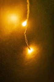 A warm and cozy ambiance created by two glowing yellow lights on a string in the foreground against a dark greenish background.