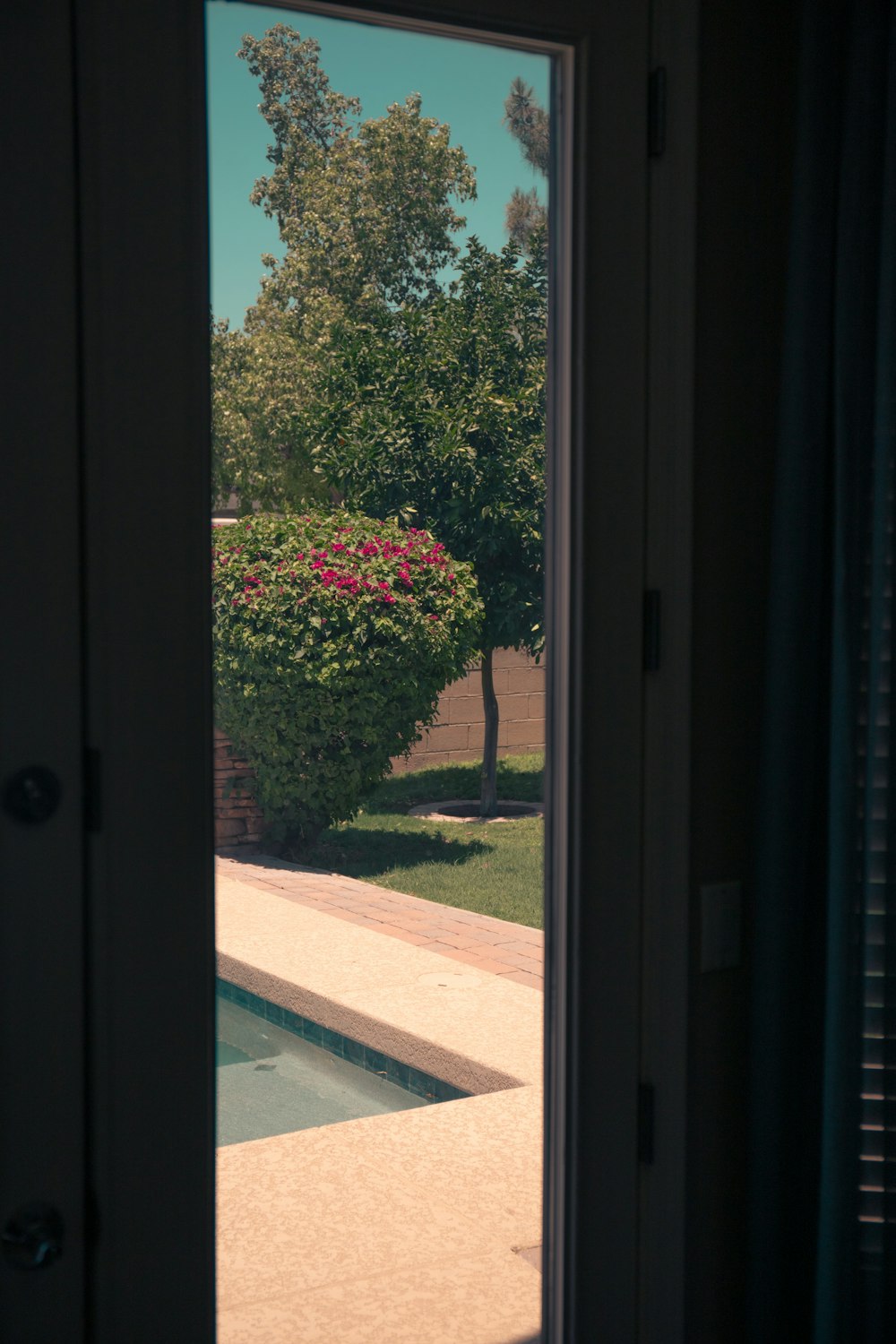 a view of a pool through an open door
