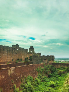 A panoramic view of the ancient hillfort ruins surrounded by lush green forest under a clear blue sky.