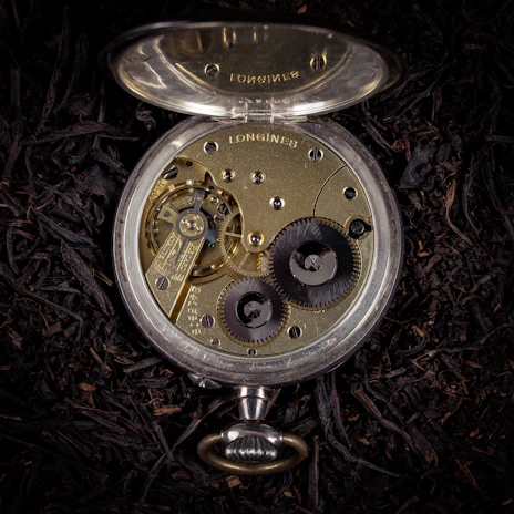 Vintage pocket watch with visible gears, resting on a velvet cloth.