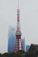 A red and white communication tower stands prominently against a backdrop of modern skyscrapers partially shrouded in mist. The foreground features lush green foliage, and the muted sky enhances the urban scene.