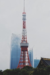 A red and white communication tower stands prominently against a backdrop of modern skyscrapers partially shrouded in mist. The foreground features lush green foliage, and the muted sky enhances the urban scene.