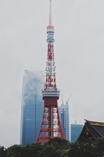 A red and white communication tower stands prominently against a backdrop of modern skyscrapers partially shrouded in mist. The foreground features lush green foliage, and the muted sky enhances the urban scene.