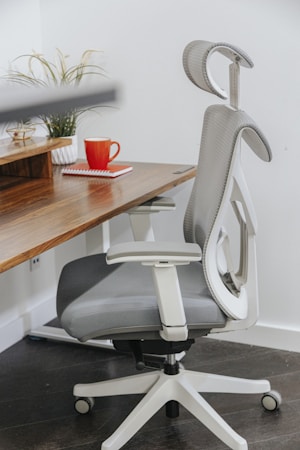 A modern ergonomic office chair with a gray cushioning sits beside a wooden desk. On the desk, there is a red coffee mug and a red notebook. A small potted plant adds a touch of nature to the workspace.