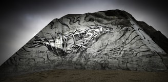 A dramatic mural painted on a large triangular rock structure, featuring an abstract, stylized depiction of a sea creature. The image includes dynamic lines and swirling patterns, contributing to its sense of movement and flow. The background is overcast, adding a mysterious atmosphere.