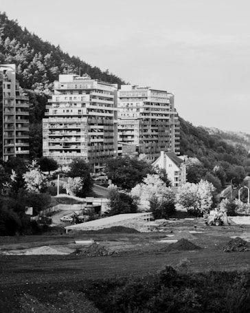 A black and white landscape capturing a hillside with modern high-rise buildings in the background. Several trees and natural vegetation surround the area, with a road curving along the scene. A construction vehicle is visible in the foreground, positioned on a plot of land. The area appears to be a blend of urban development and natural scenery.