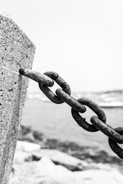 a black and white photo of a chain on a rock