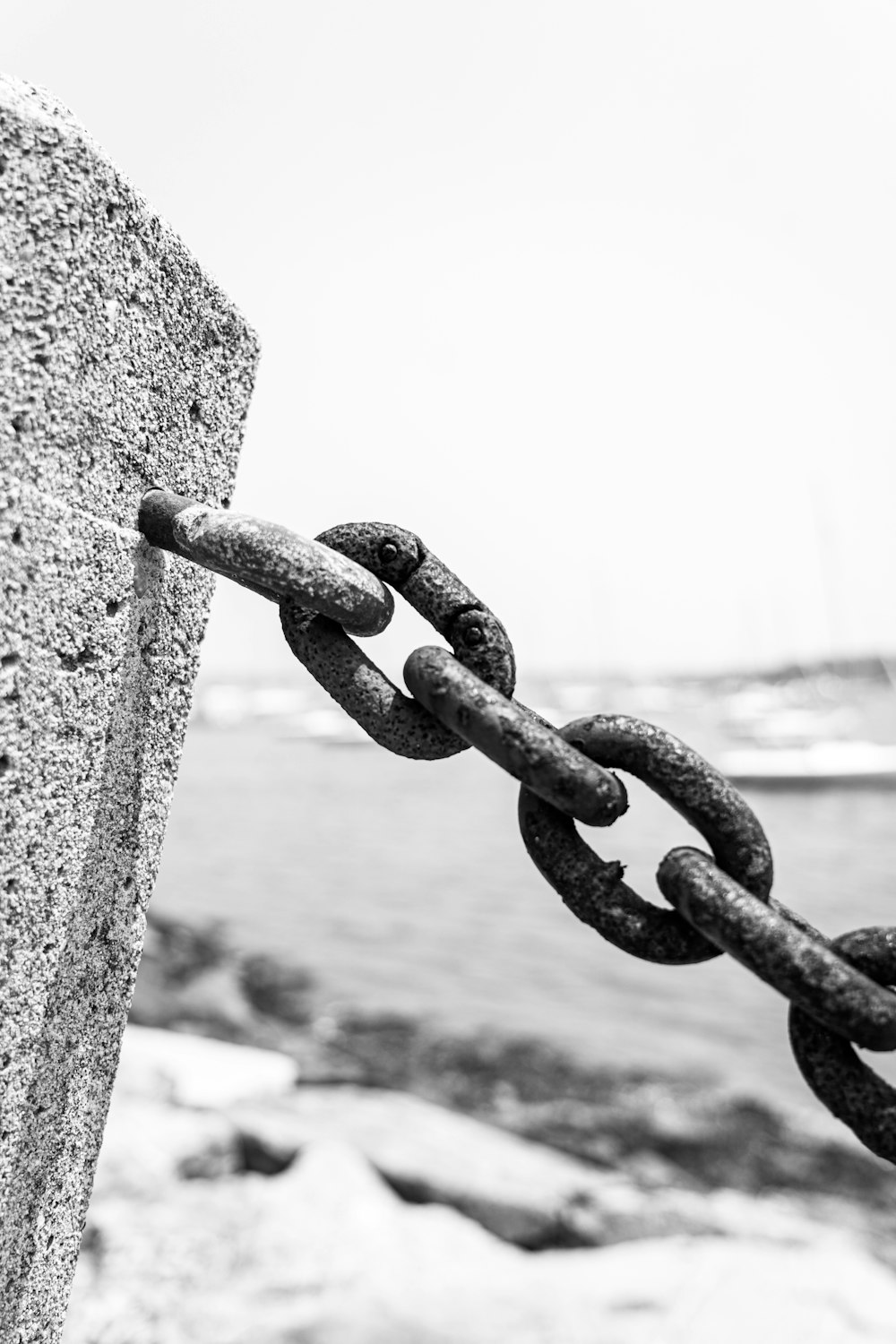 a black and white photo of a chain on a rock