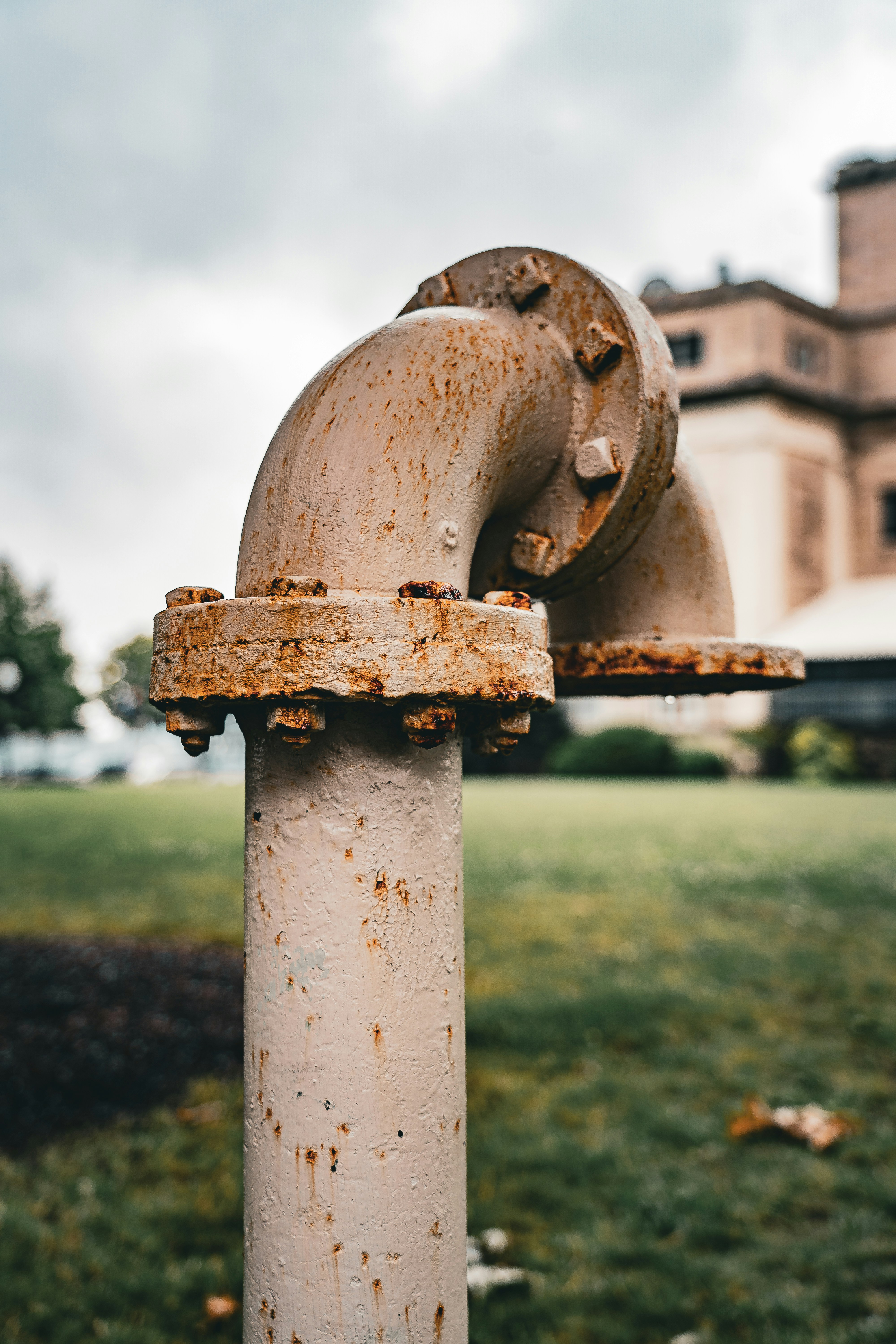 a rusted fire hydrant in front of a large building