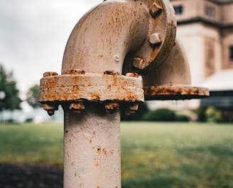 a rusted fire hydrant in front of a large building