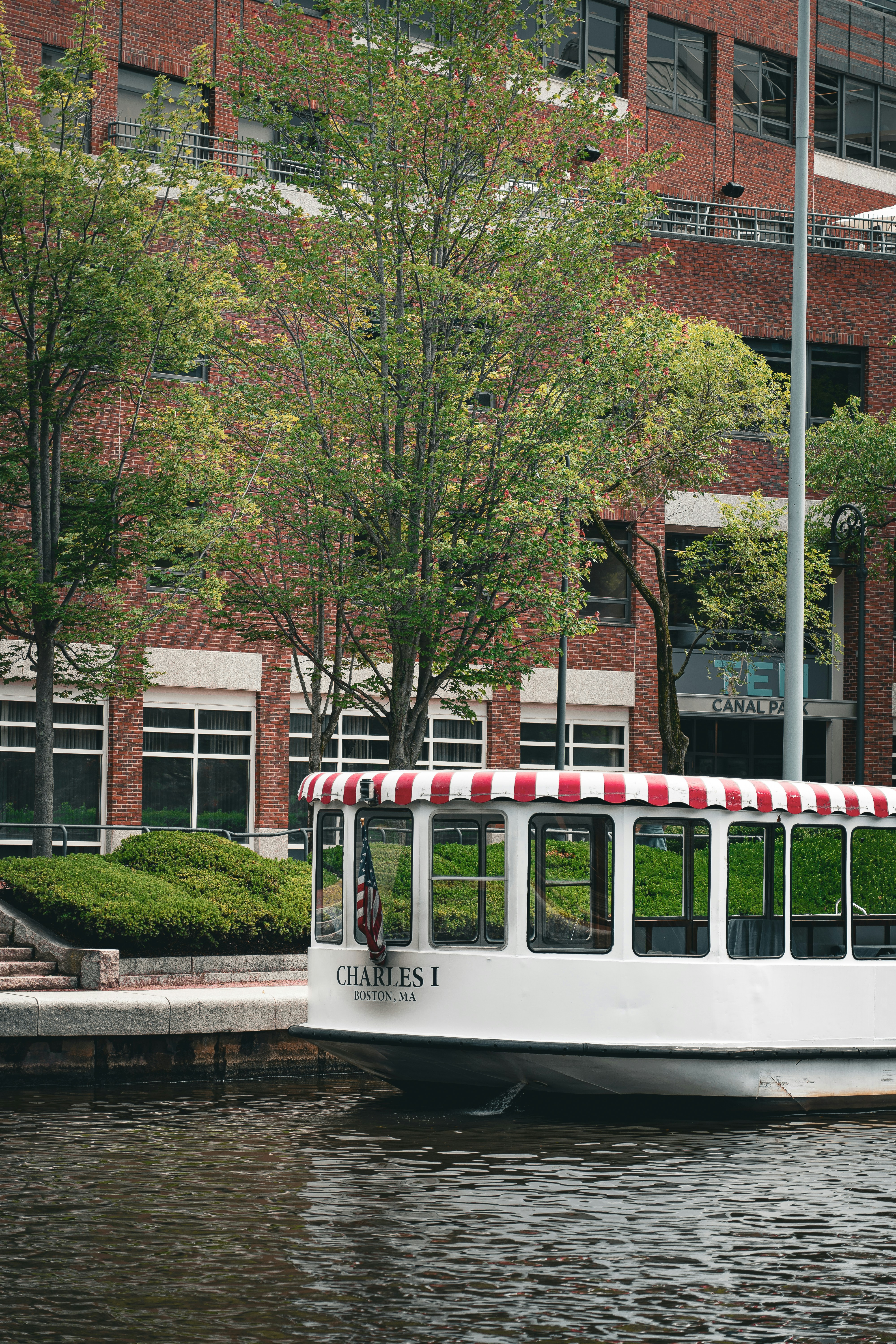 a white and red boat on a body of water