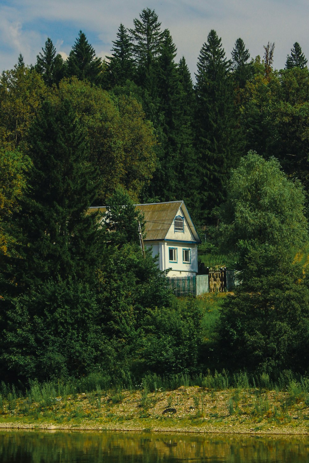 a white house sitting on top of a lush green forest