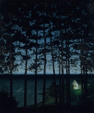 A cozy, stylish Oregon home nestled among tall pine trees at sunset.