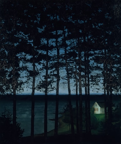 A cozy, stylish Oregon home nestled among tall pine trees at sunset.