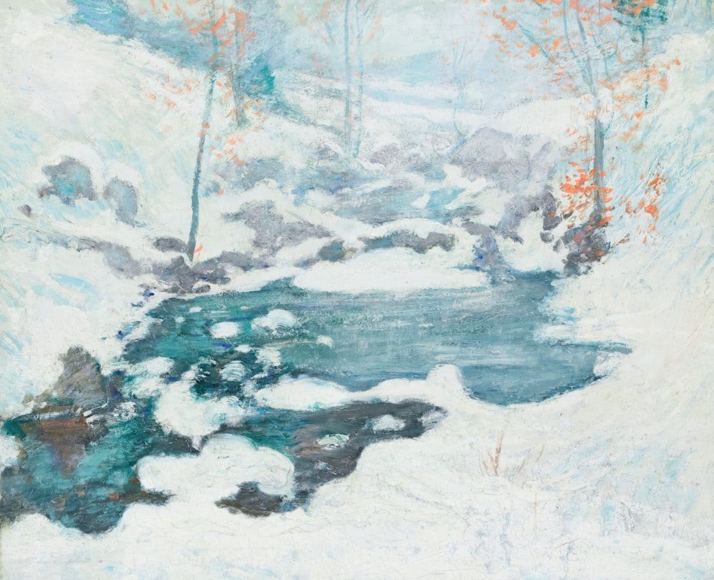 a painting of a stream in the snow