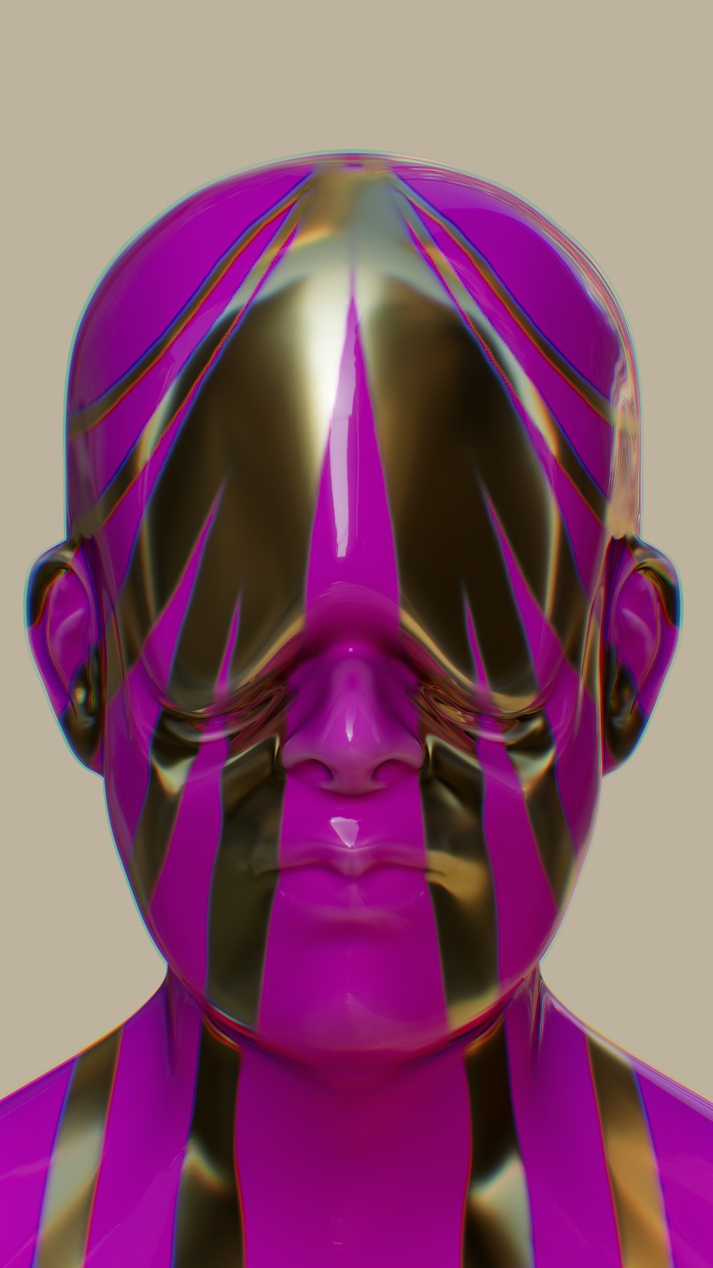 a close up of a person wearing a purple and gold mask