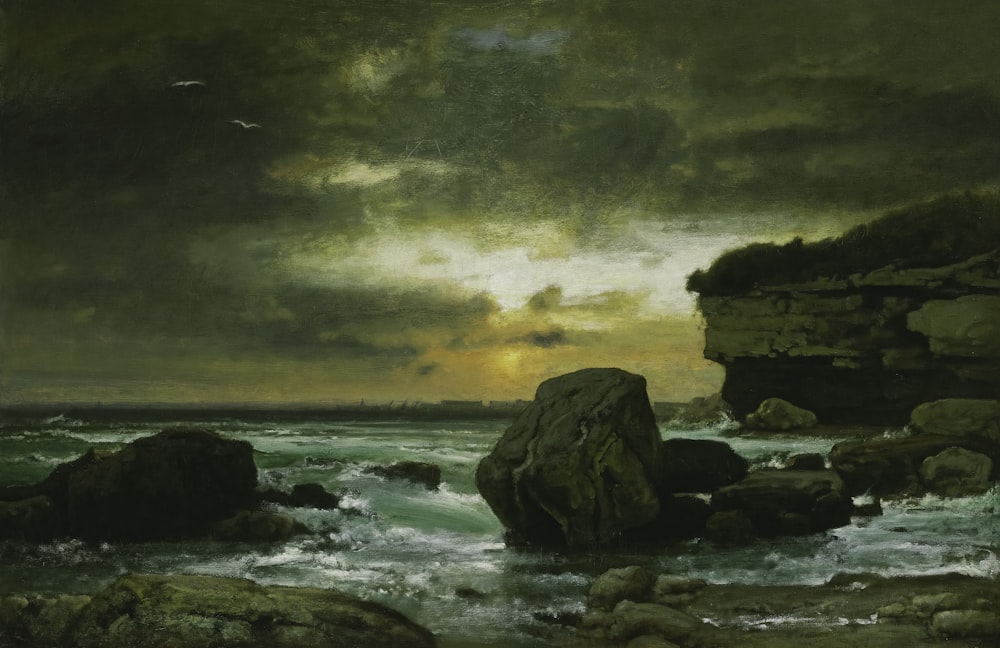 a painting of a rocky coast with a lighthouse in the distance