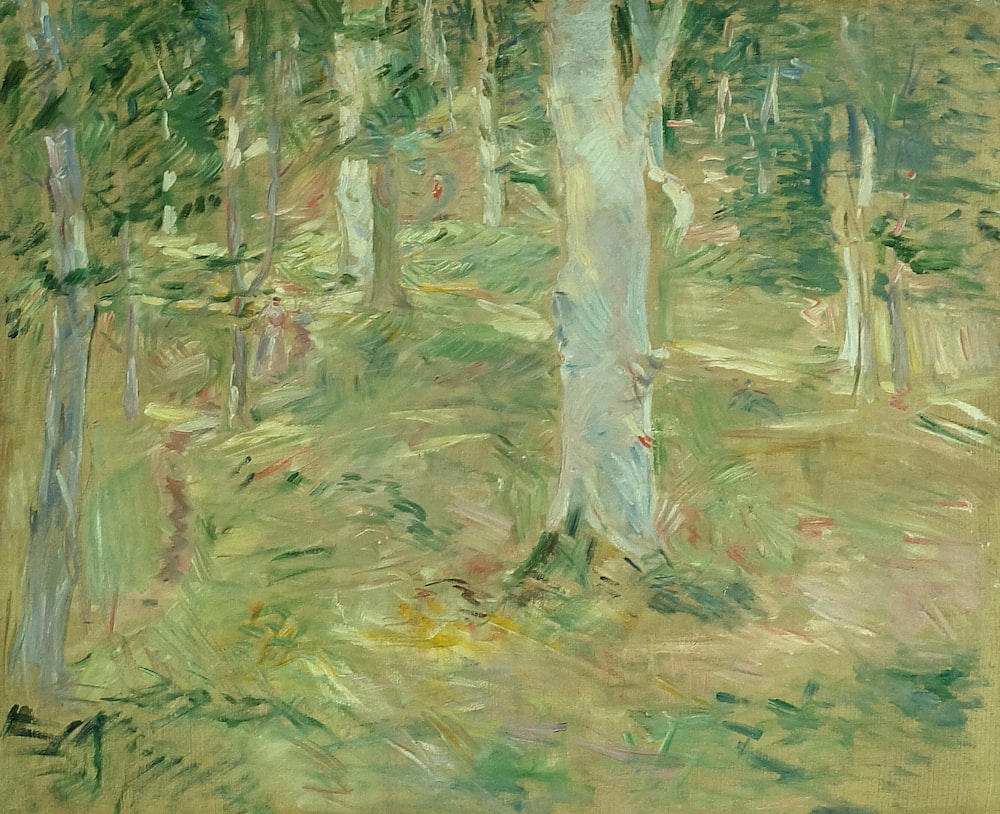 a painting of some trees in a forest