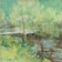 A serene landscape featuring lush green foliage surrounding a calm body of water, with a bridge partially visible through the trees. The scene exudes a sense of tranquility and natural beauty, with soft brushstrokes and a gentle color palette.