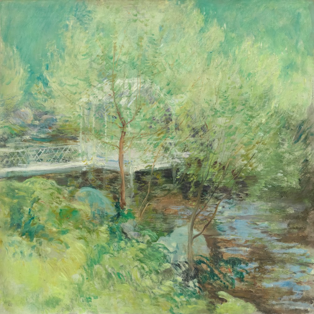 a painting of a bridge over a river