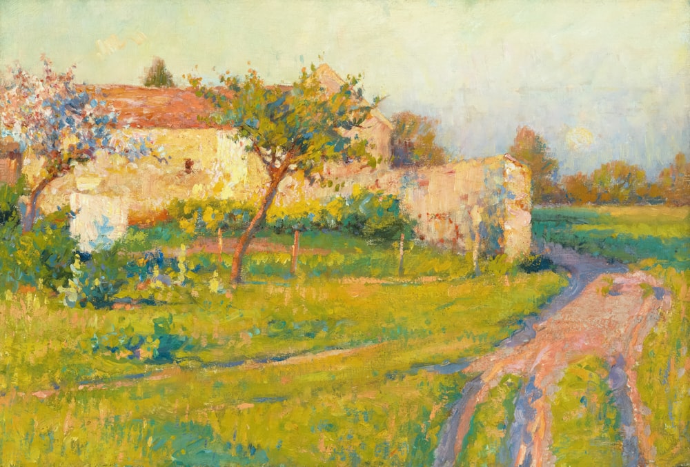 a painting of a country road and a house