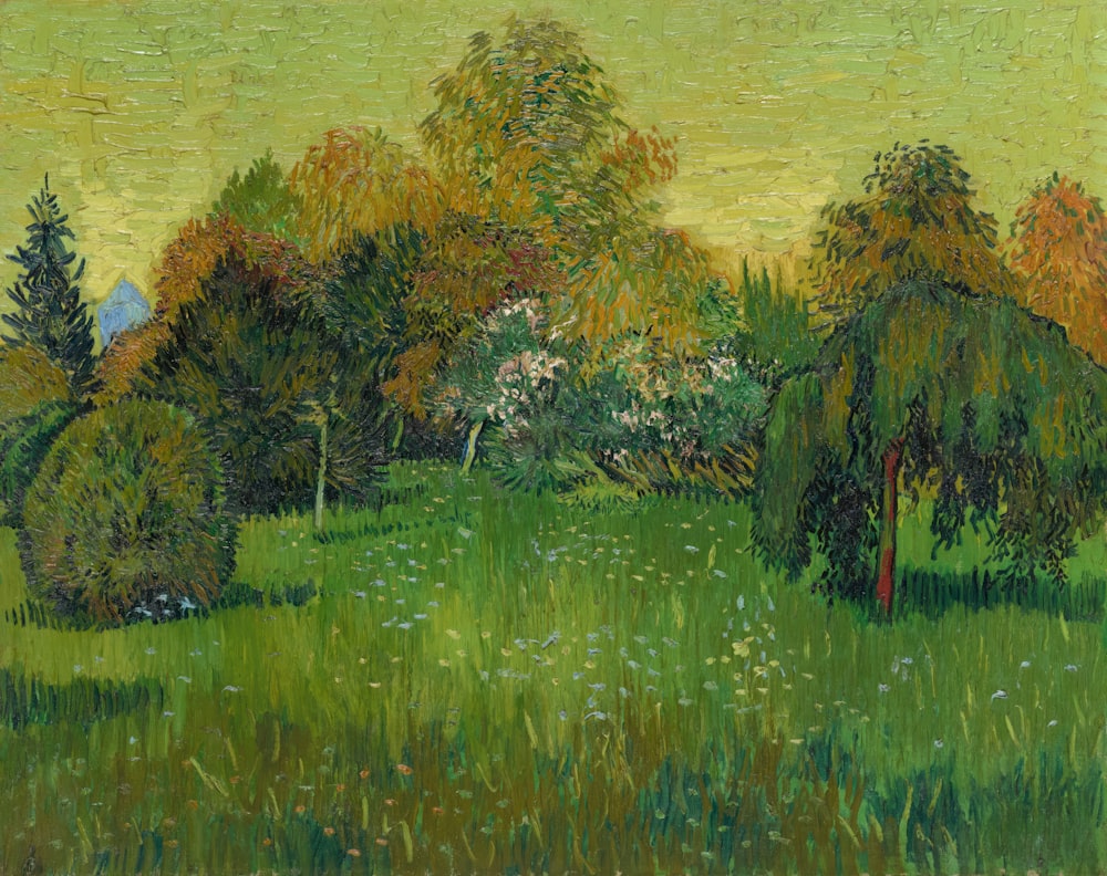 a painting of a grassy field with trees