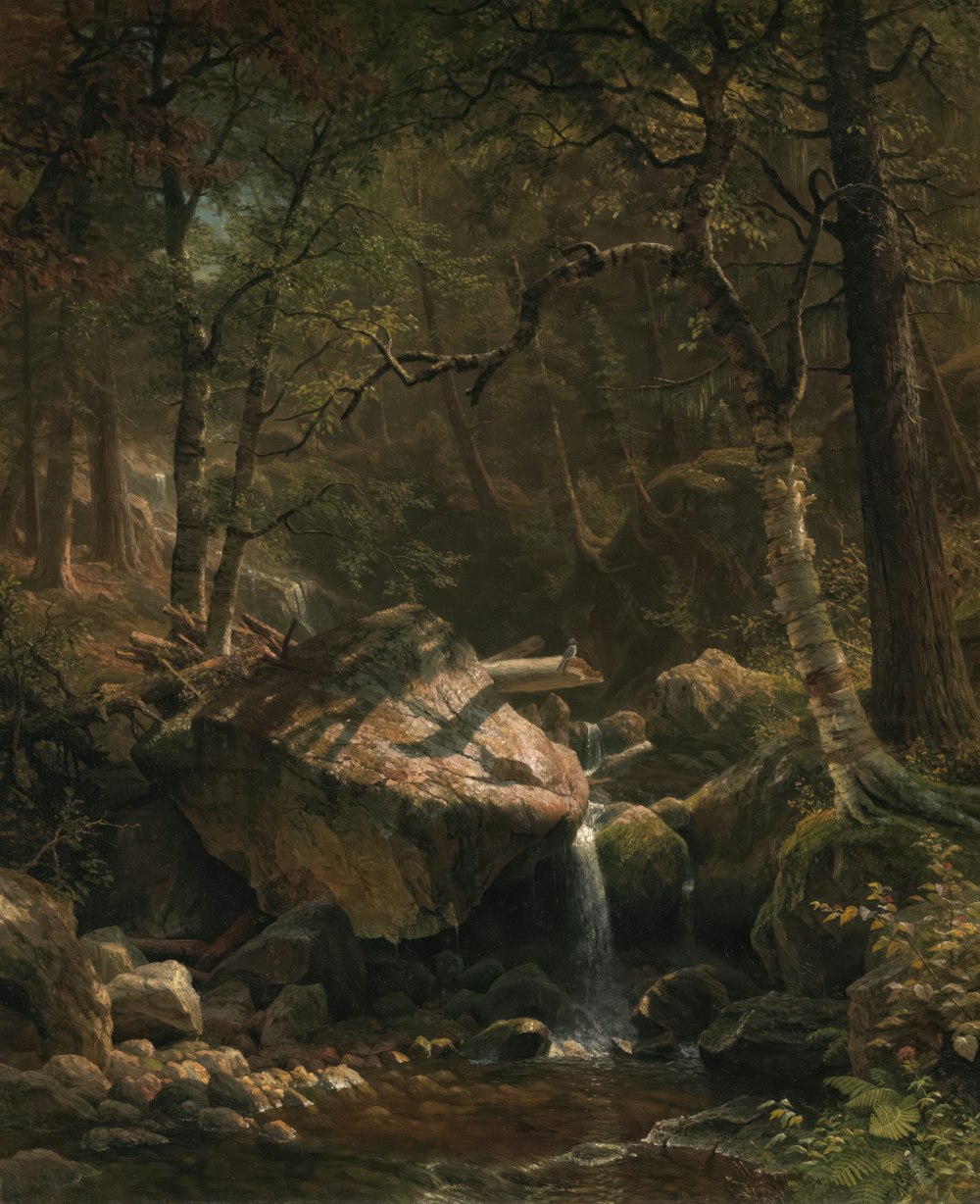 a painting of a stream in a wooded area