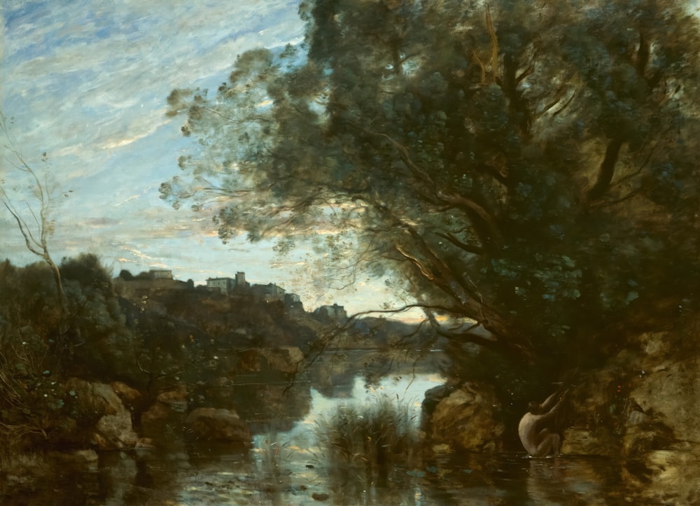 Una pintura de un río con un castillo al fondo
