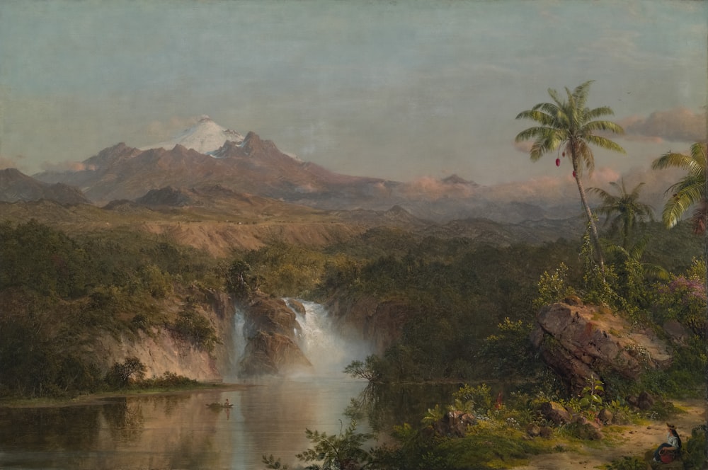 a painting of a waterfall in the middle of a jungle