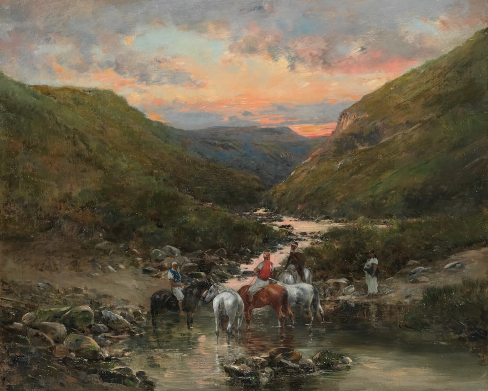 a painting of a group of people riding horses through a river