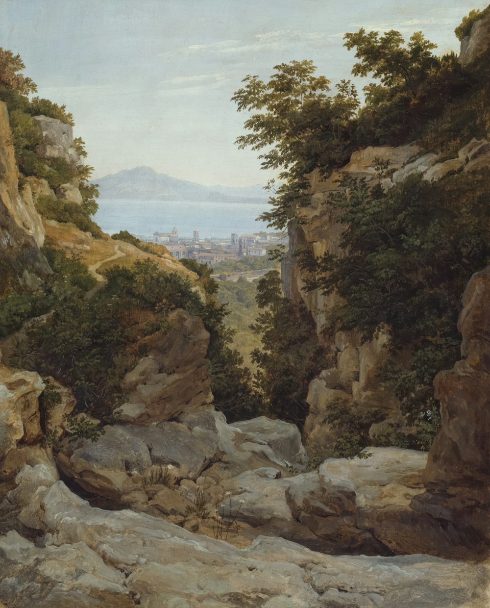 a painting of a rocky landscape with a city in the distance