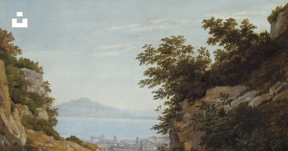 A painting of a rocky landscape with a city in the distance photo ...