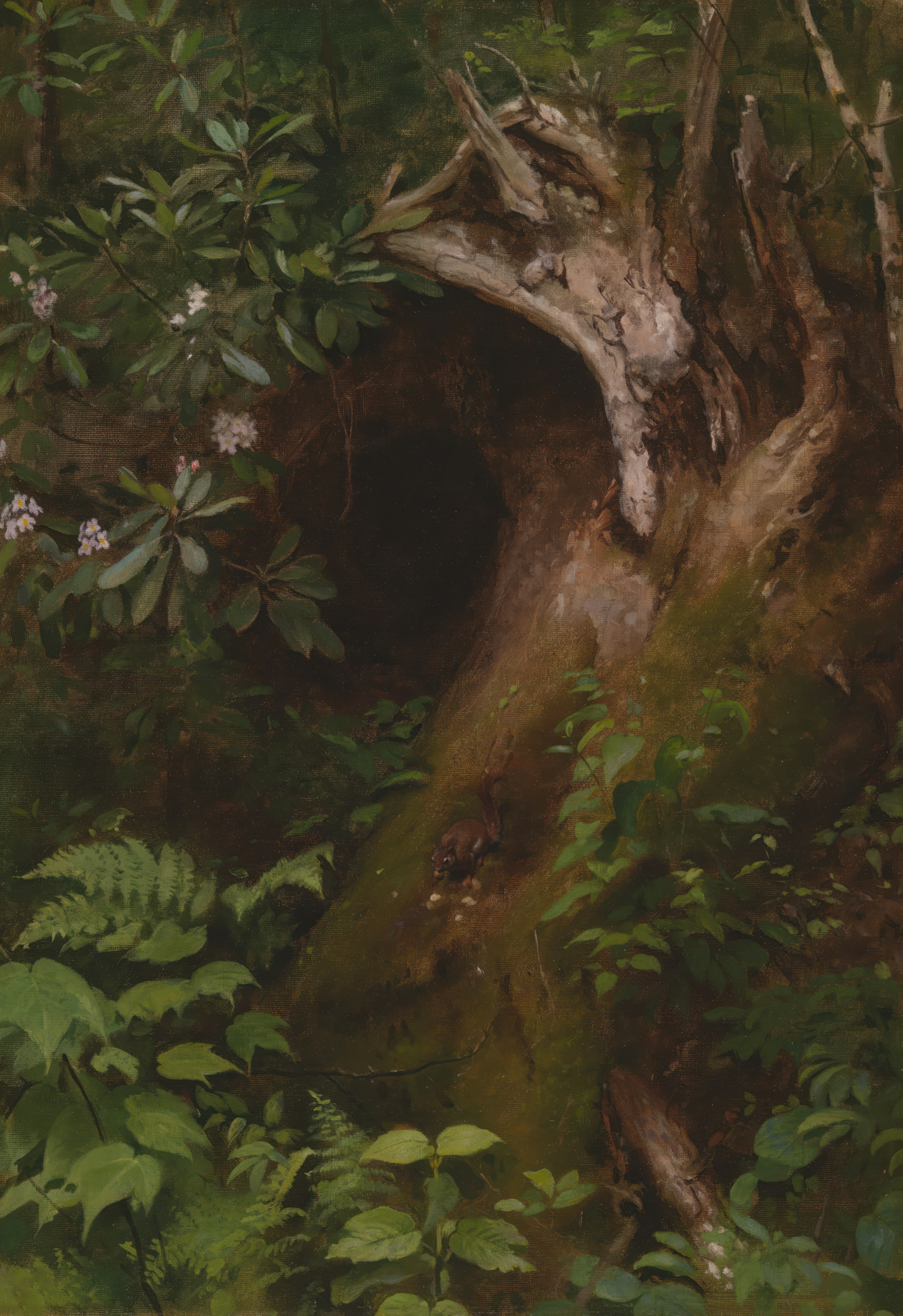 uma pintura de um toco de árvore em uma floresta