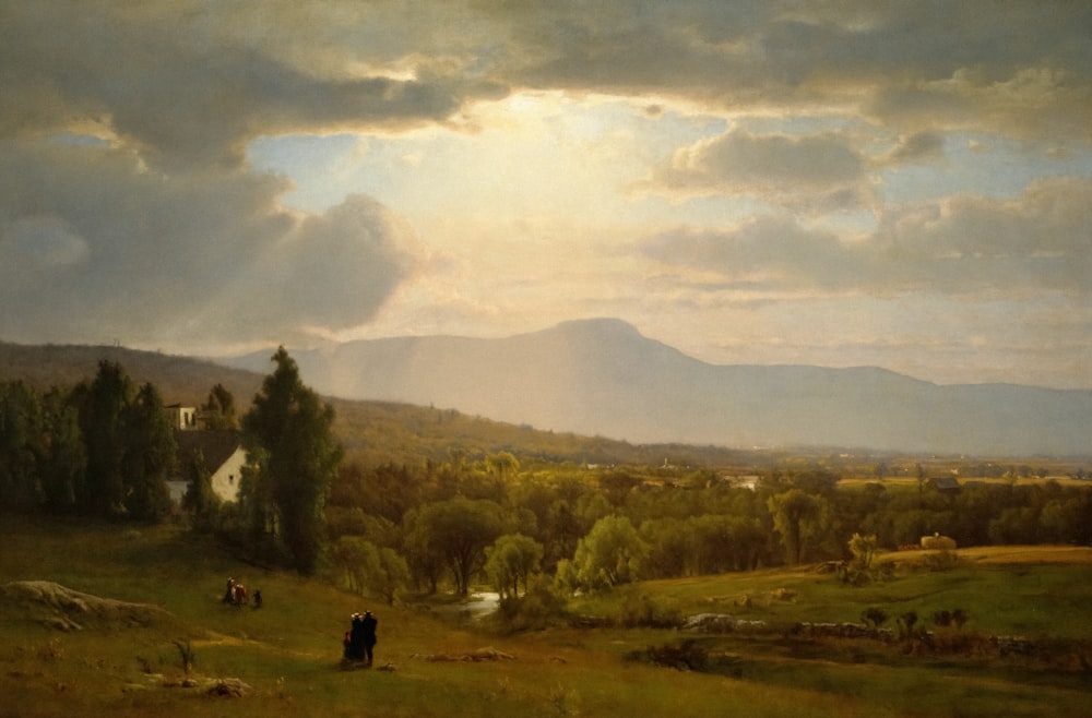 a painting of a landscape with people in the distance