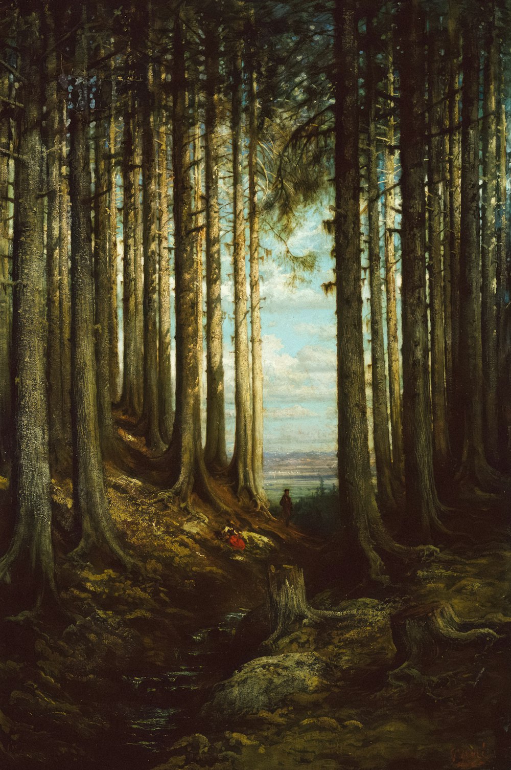 a painting of a forest with a man sitting in the middle of the woods