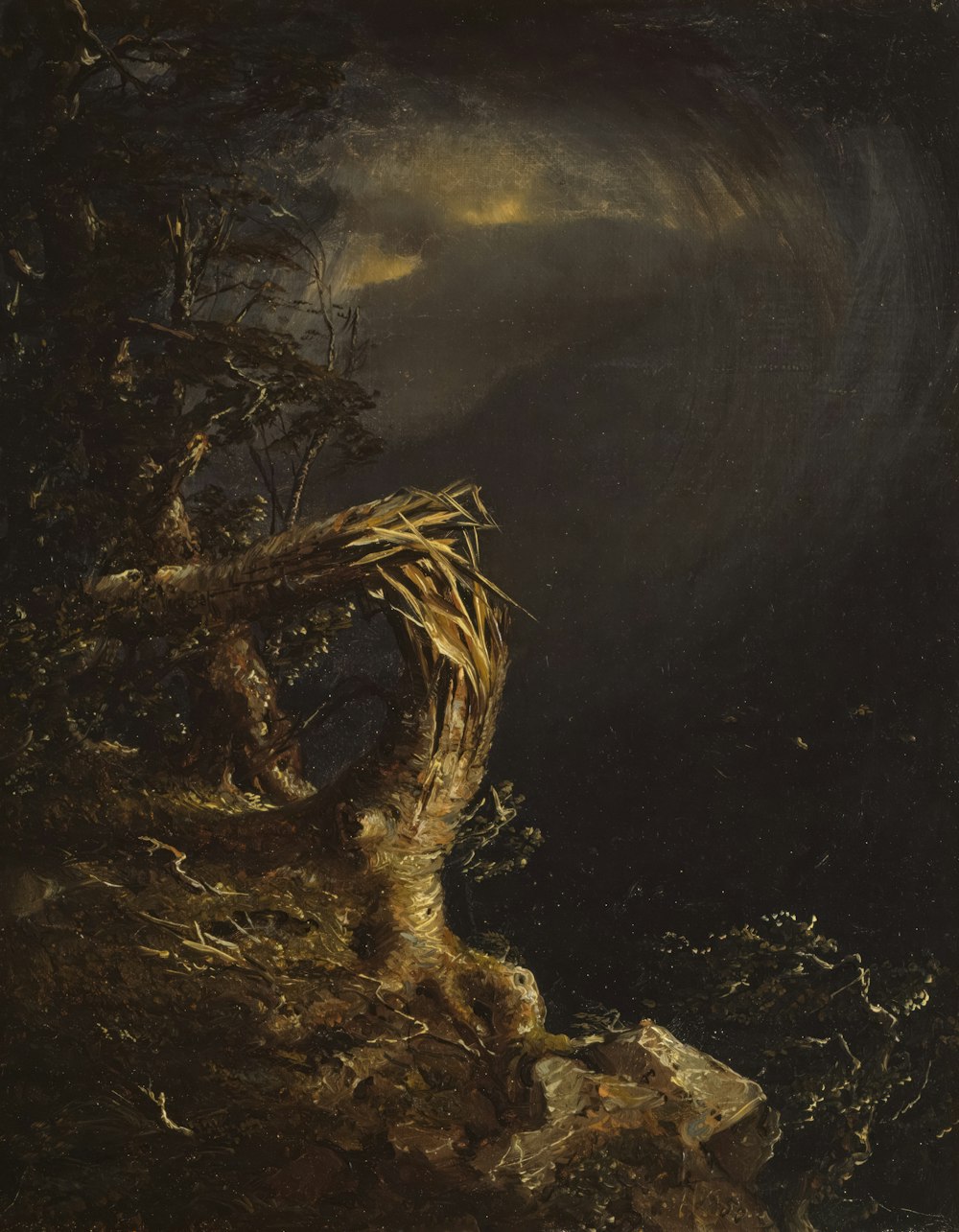 a painting of a tree in a dark forest