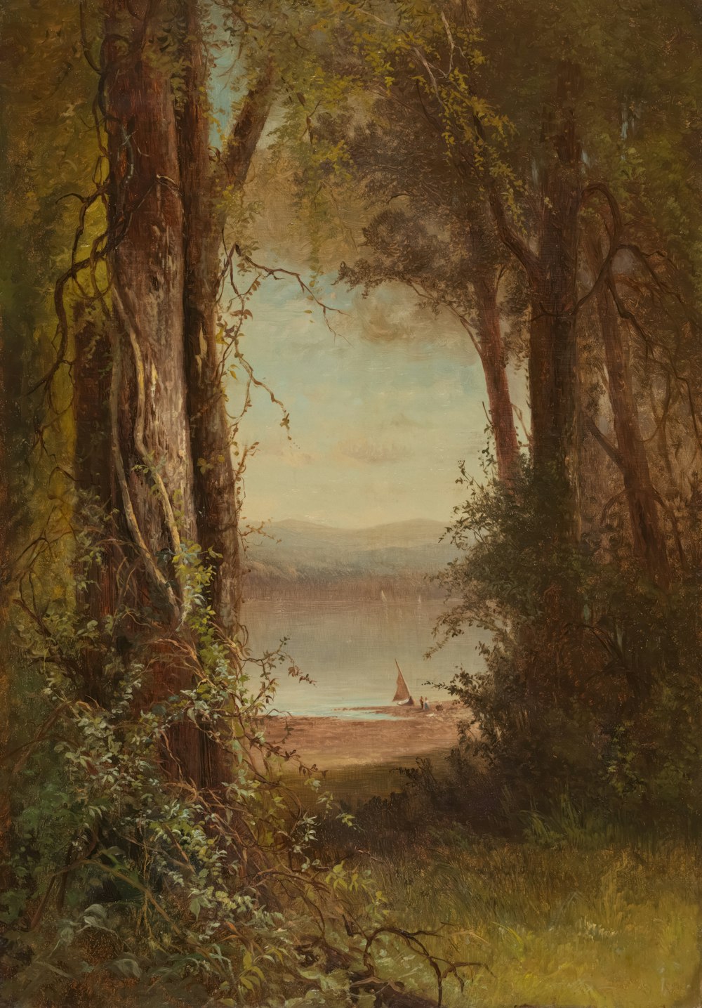 a painting of a boat in a lake surrounded by trees