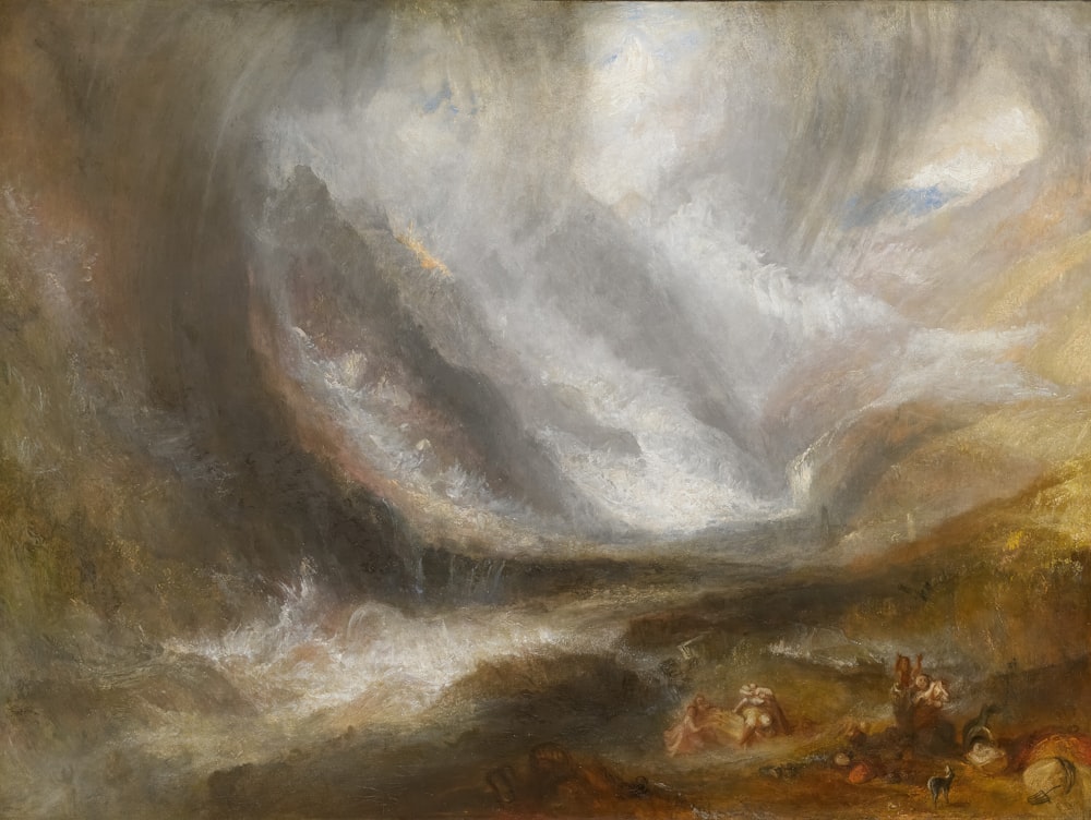 a painting of a mountain scene with clouds