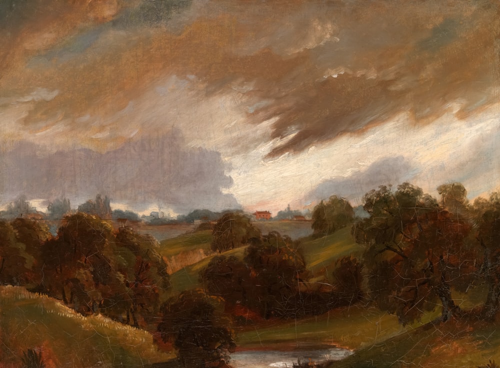 a painting of a landscape with trees and clouds