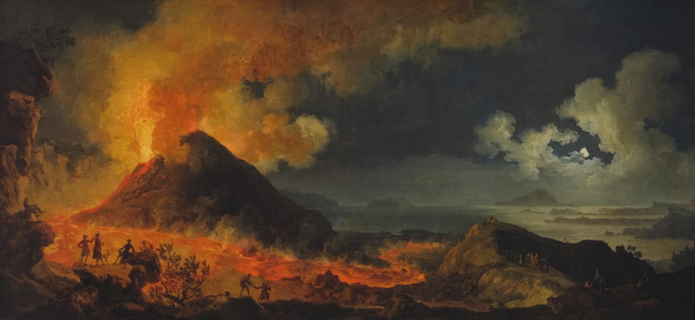 a painting of a volcano on fire in the sky