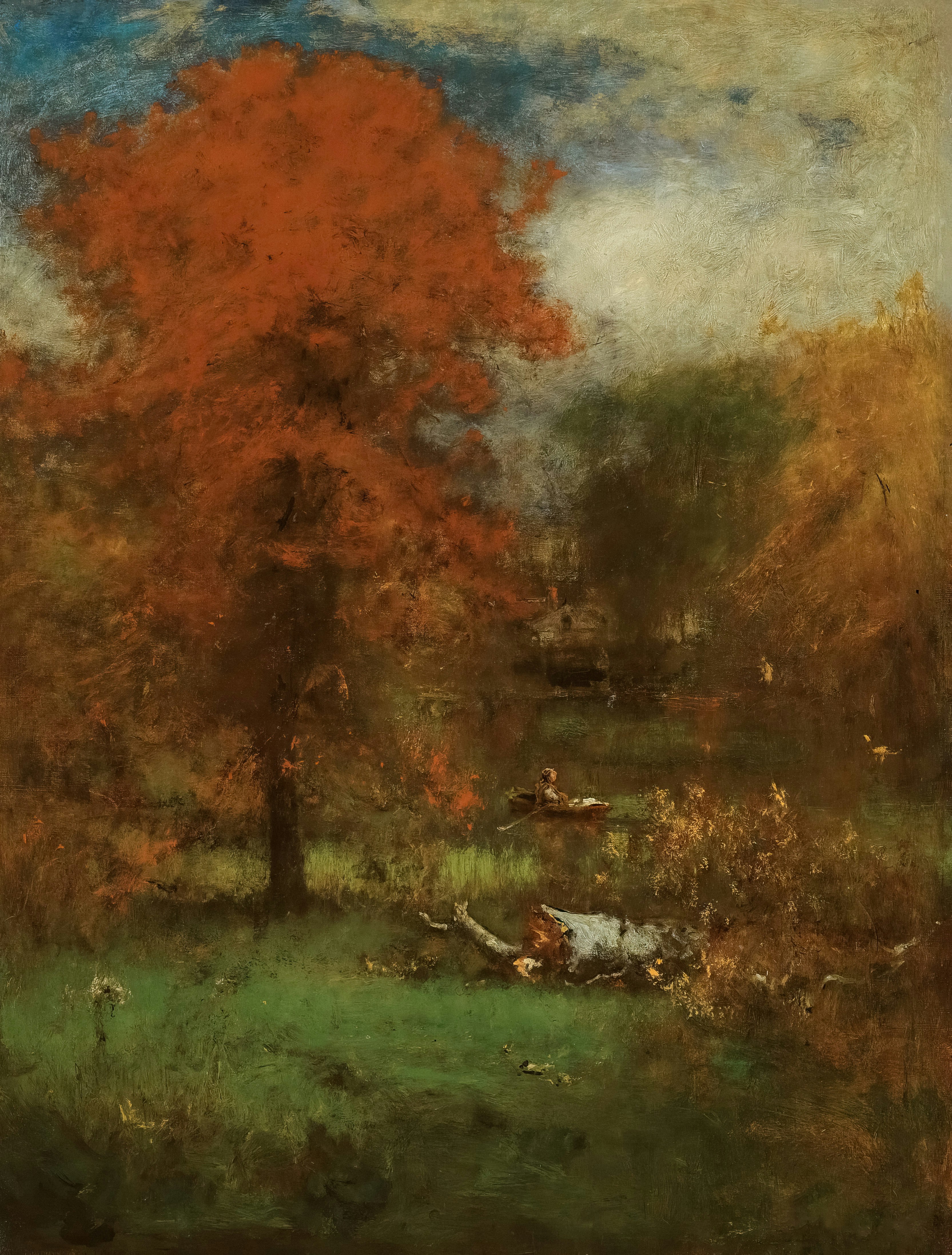 uma pintura de uma árvore em um campo