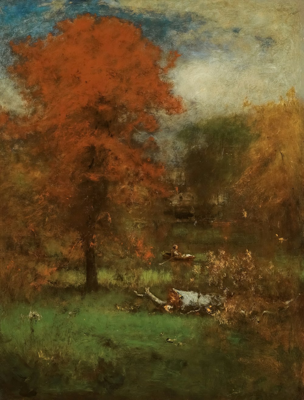 a painting of a tree in a field