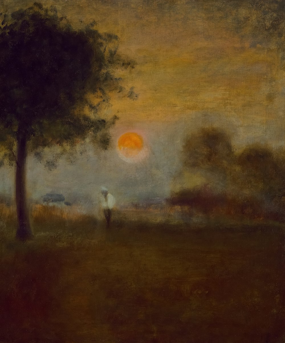 a painting of a person standing under a tree